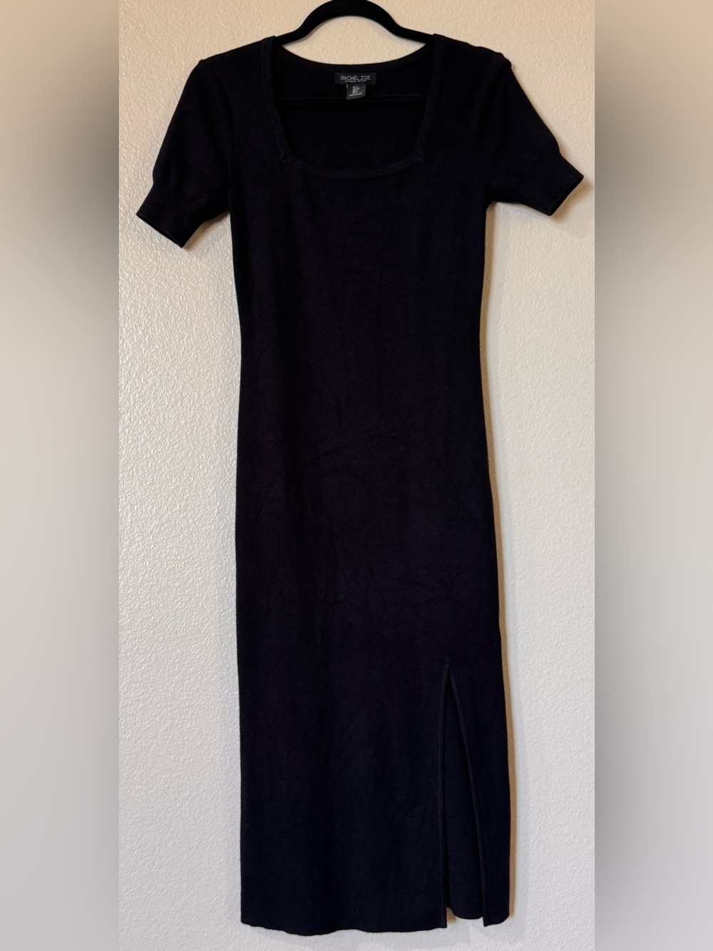 Rachel Zoe Black Square Neck Ribbed Knit Midi Dress with Side Slit Small